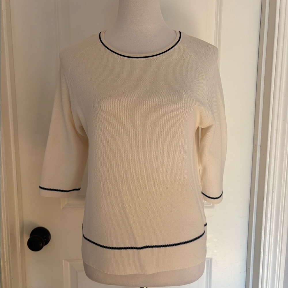 Cream Knit Top with Black Trim — Minimalist Soft Knit (S)